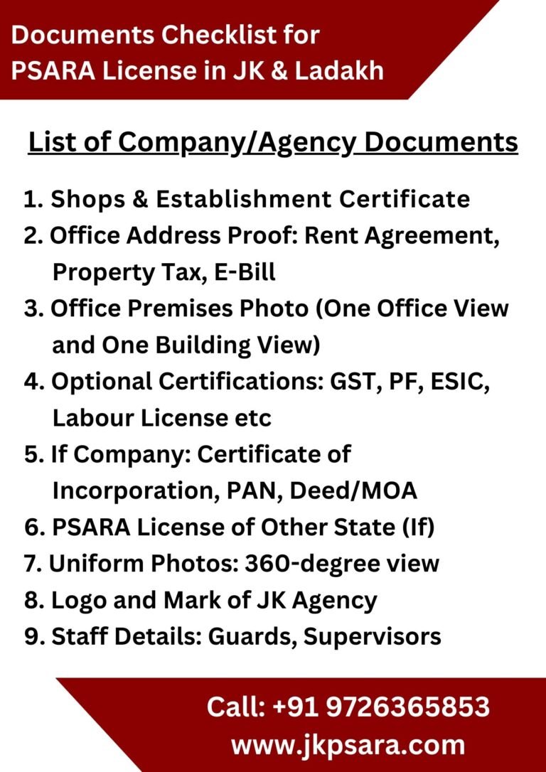 Documents Checklist for PSARA License in JK & Ladakh